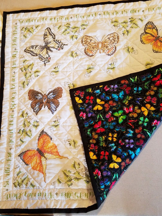Cross Stitched/Embroidered "Butterfly" Heirloom Lap Size Quilt (44inx44in)