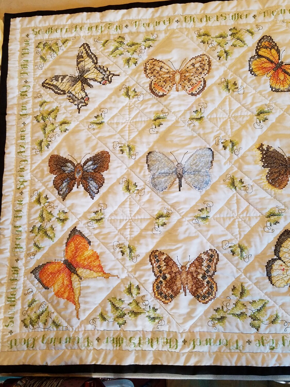 Cross Stitched/Embroidered "Butterfly" Heirloom Lap Size Quilt (44inx44in)