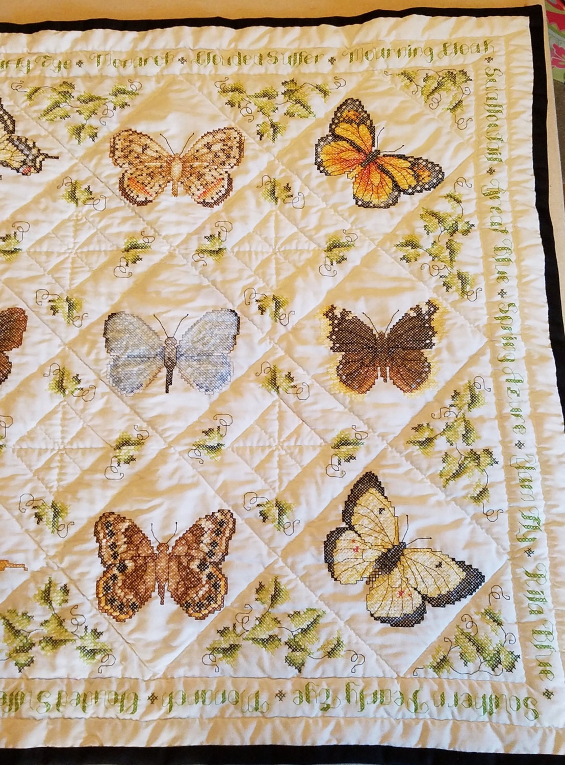 Cross Stitched/Embroidered "Butterfly" Heirloom Lap Size Quilt (44inx44in)