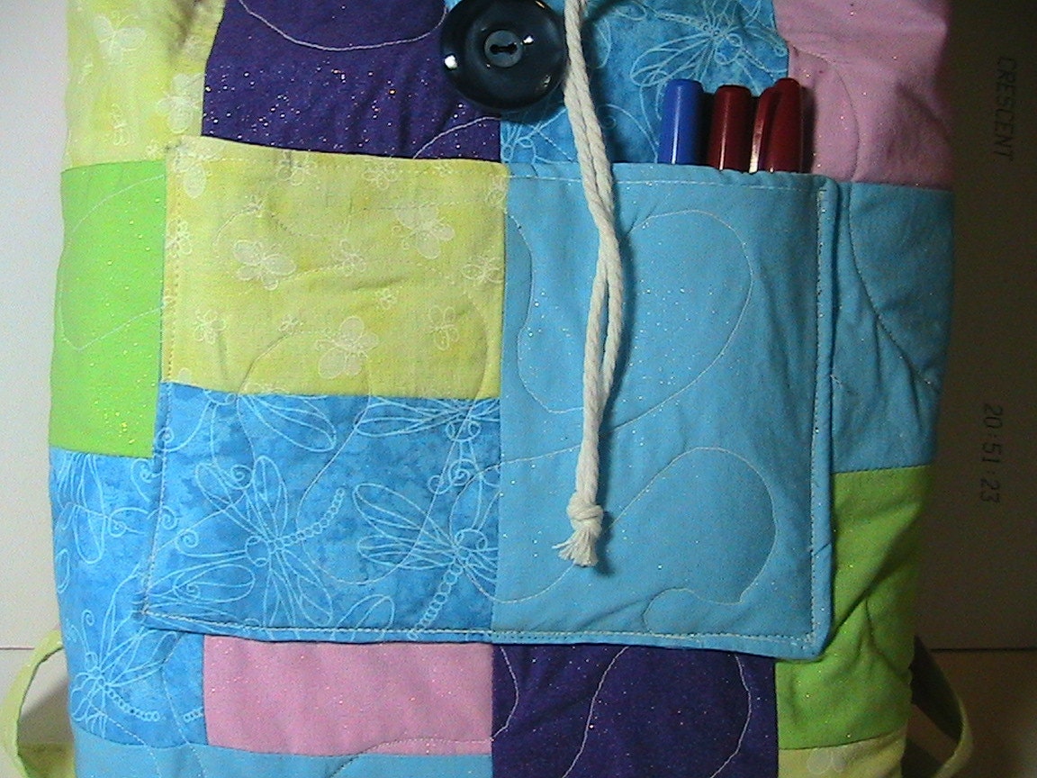 Backpack Bag/Purse -- Quilted -- Pastels and Dragonfly Pattern (12" wide x 14" tall)