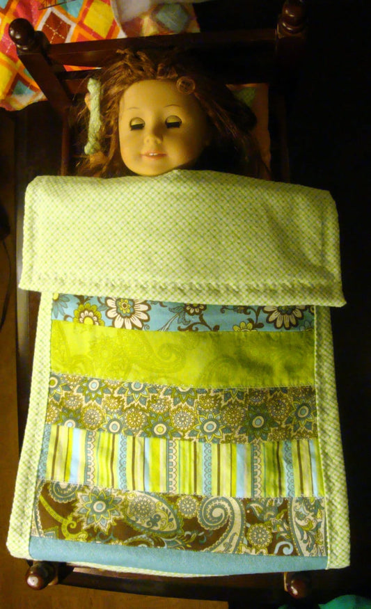 18 Inch Baby Doll Crib Quilt and Pillow - Doll Cradle Quilt- Jelly Roll Style with Flannel Back and wrapped Flannel Binding