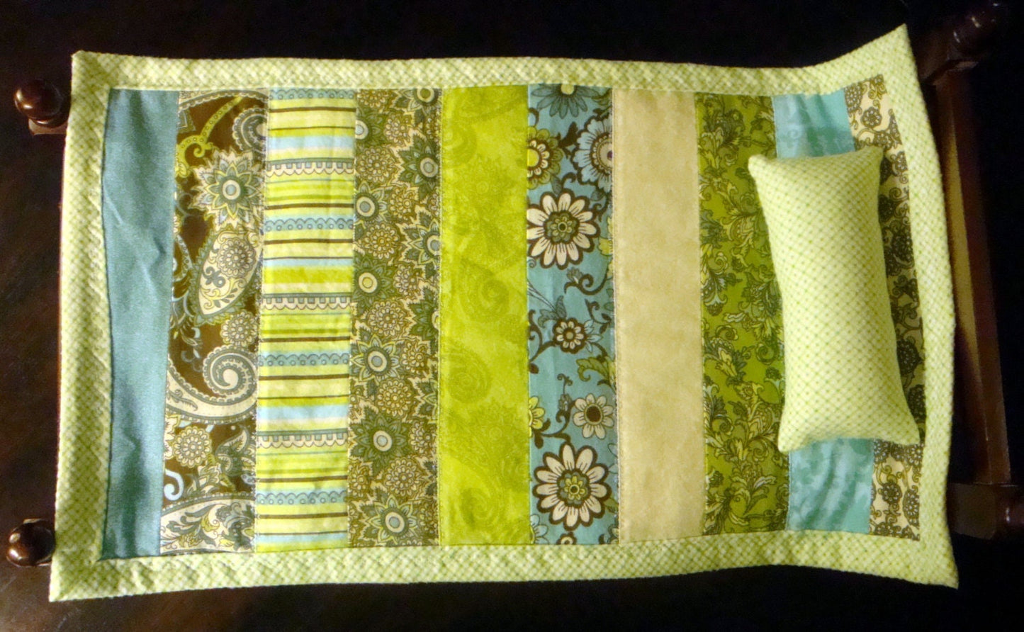 18 Inch Baby Doll Crib Quilt and Pillow - Doll Cradle Quilt- Jelly Roll Style with Flannel Back and wrapped Flannel Binding