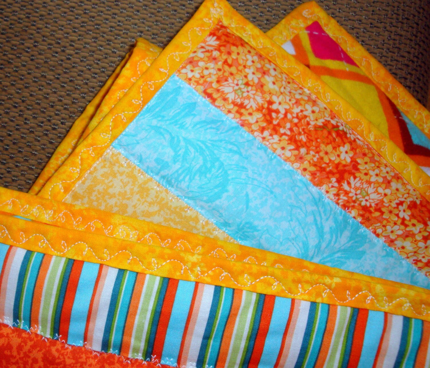Baby Boy or Baby Girl Quilt - Jelly Roll Style with Flannel Back - Orange and Blue