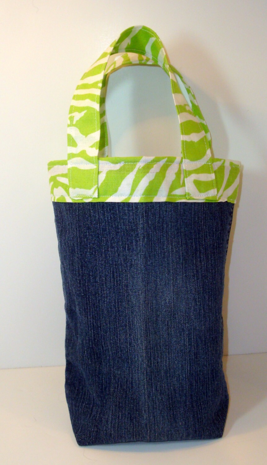 Lime Green Zebra Stripe Denim Carry Sack - Tote - Purse made from Upcycled Denim Blue Jeans