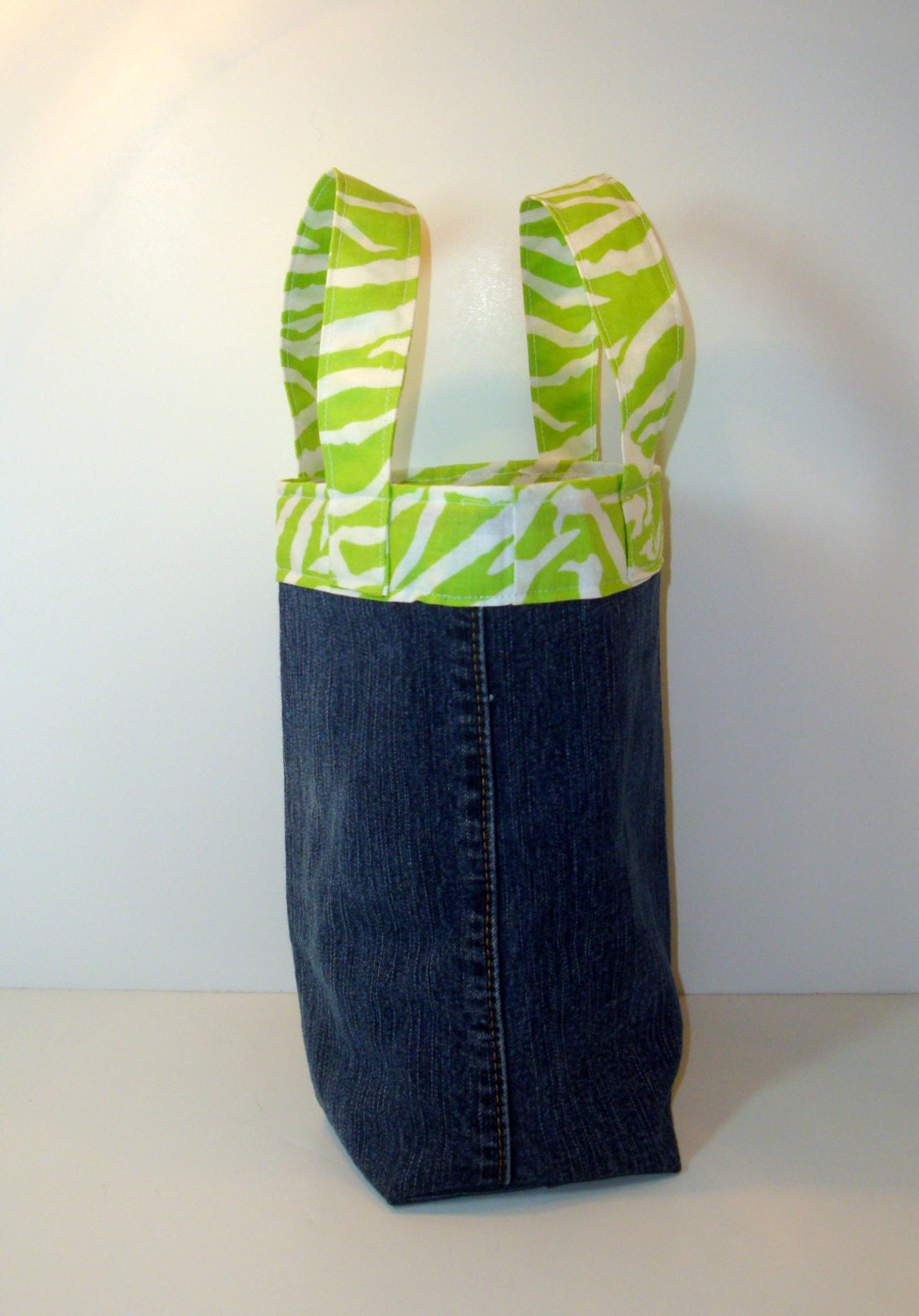 Lime Green Zebra Stripe Denim Carry Sack - Tote - Purse made from Upcycled Denim Blue Jeans