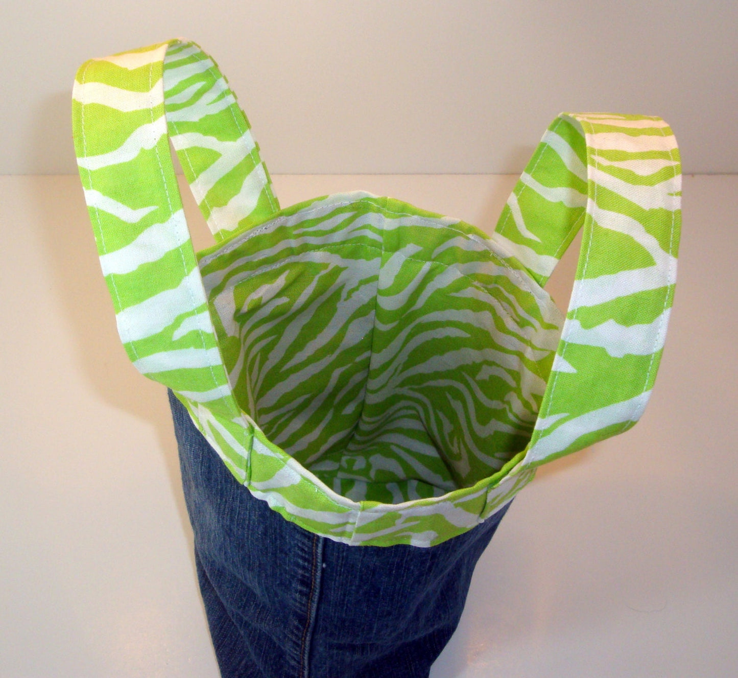 Lime Green Zebra Stripe Denim Carry Sack - Tote - Purse made from Upcycled Denim Blue Jeans