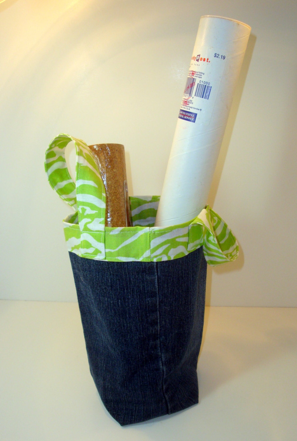 Lime Green Zebra Stripe Denim Carry Sack - Tote - Purse made from Upcycled Denim Blue Jeans