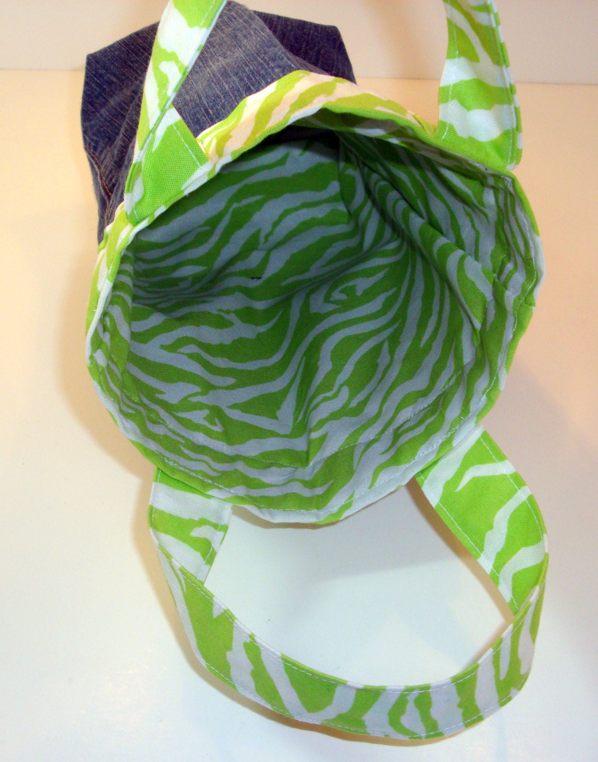 Lime Green Zebra Stripe Denim Carry Sack - Tote - Purse made from Upcycled Denim Blue Jeans