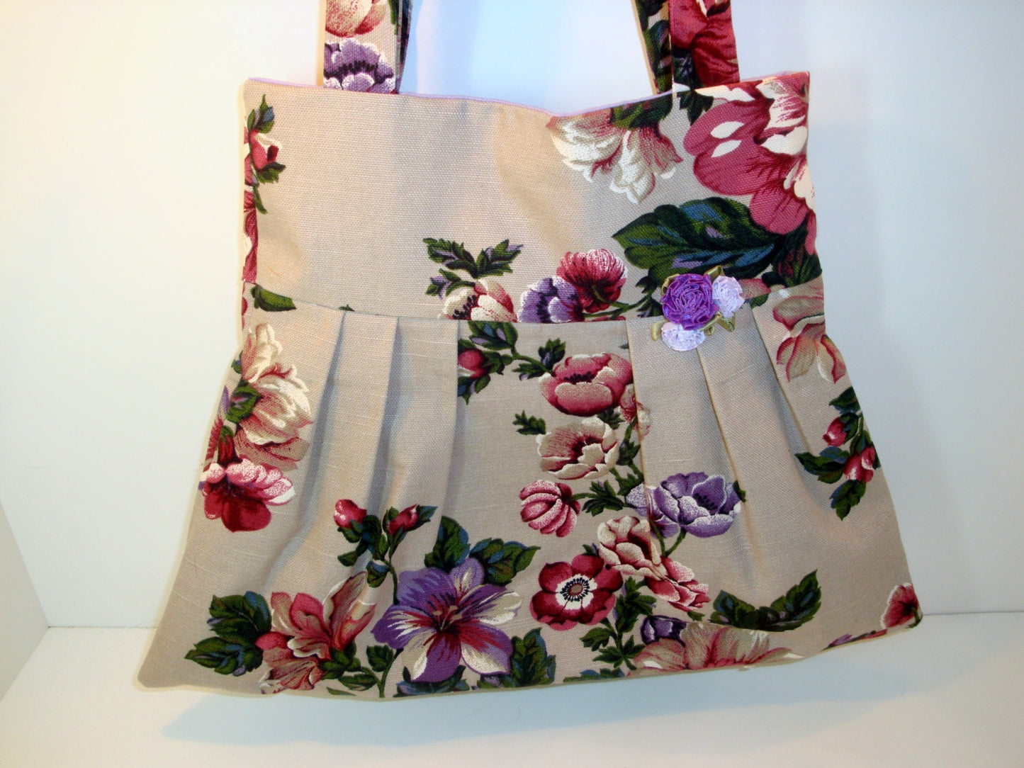 Pleated Purple and Mauve Flower Purse - Shoulder Bag