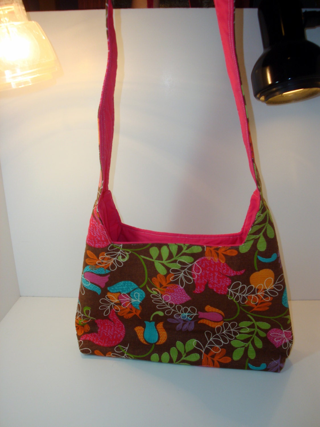 Brown Floral Shoulder Bag / Purse with a Long Handle, Magnet Clasp, Inside Pocket, and Inside Zippered Pocket