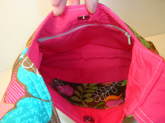 Brown Floral Shoulder Bag / Purse with a Long Handle, Magnet Clasp, Inside Pocket, and Inside Zippered Pocket