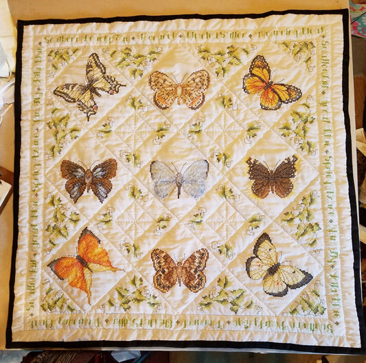 Cross Stitched/Embroidered "Butterfly" Heirloom Lap Size Quilt (44inx44in)