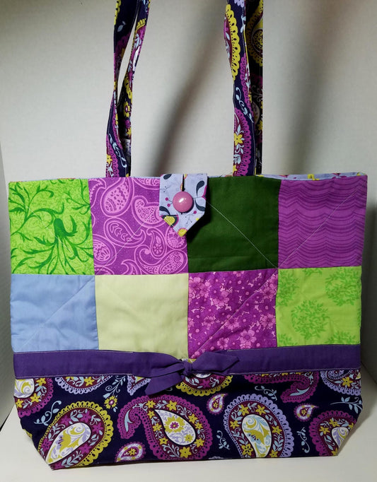 Quilted Shoulder Tote Purse - Purple Paisley