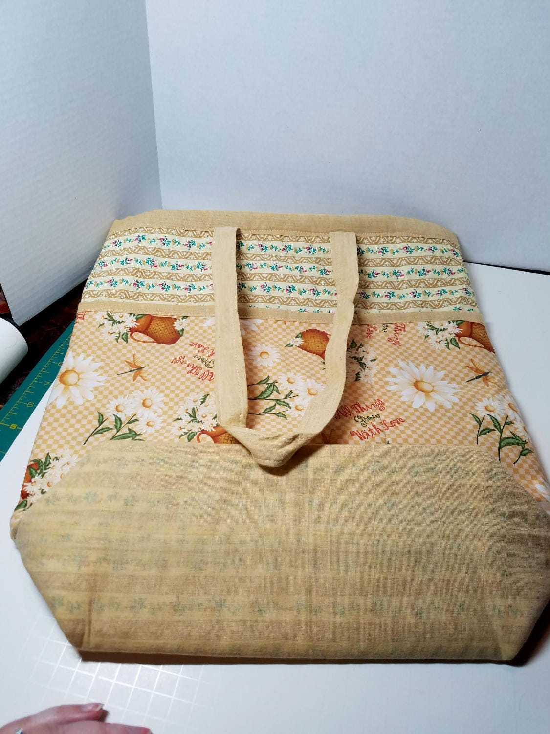 Quilted Shoulder Tote Purse - "All Things Grow with Love" Golden Floral DaisyTote