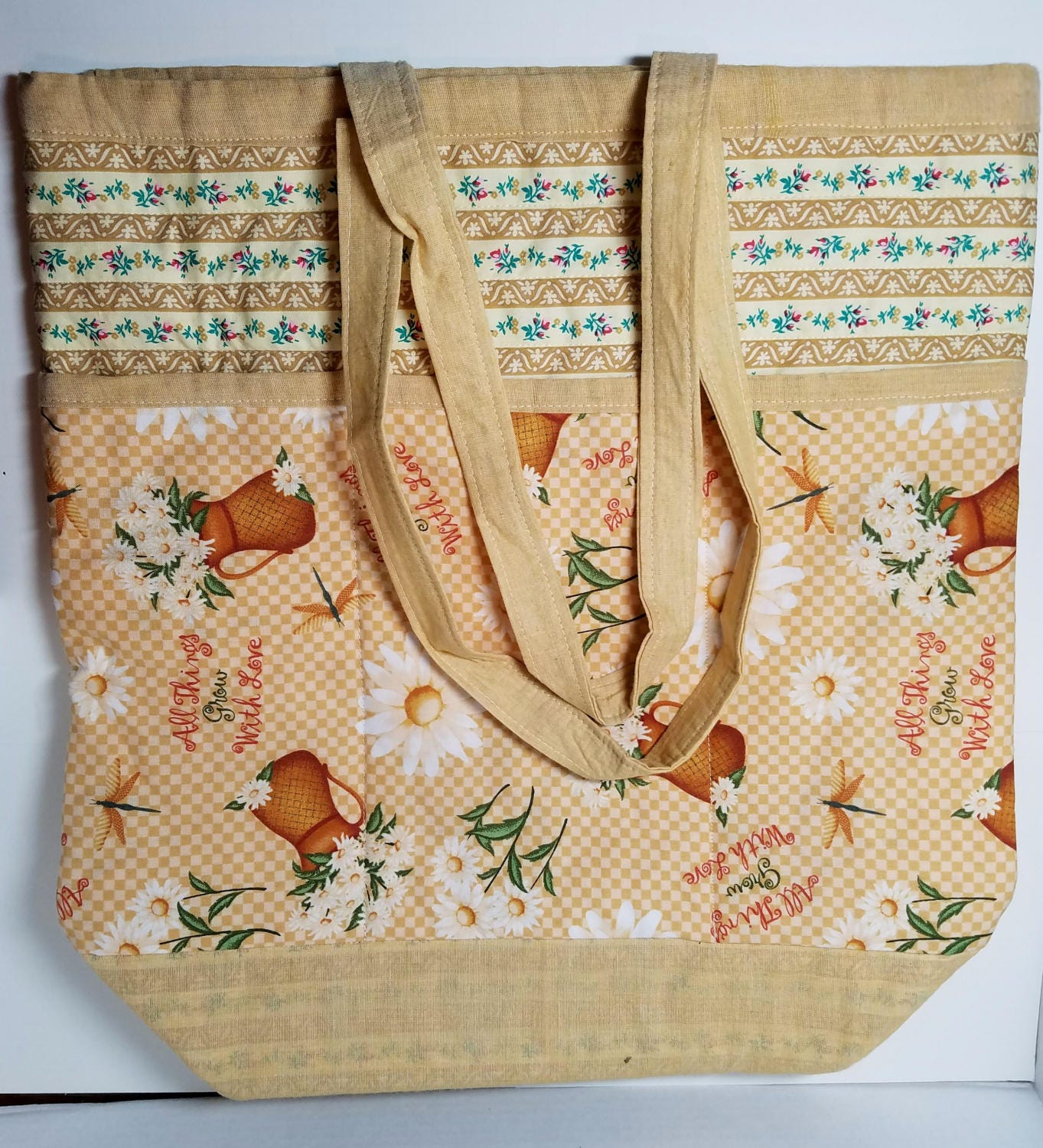 Quilted Shoulder Tote Purse - "All Things Grow with Love" Golden Floral DaisyTote