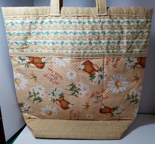 Quilted Shoulder Tote Purse - "All Things Grow with Love" Golden Floral DaisyTote