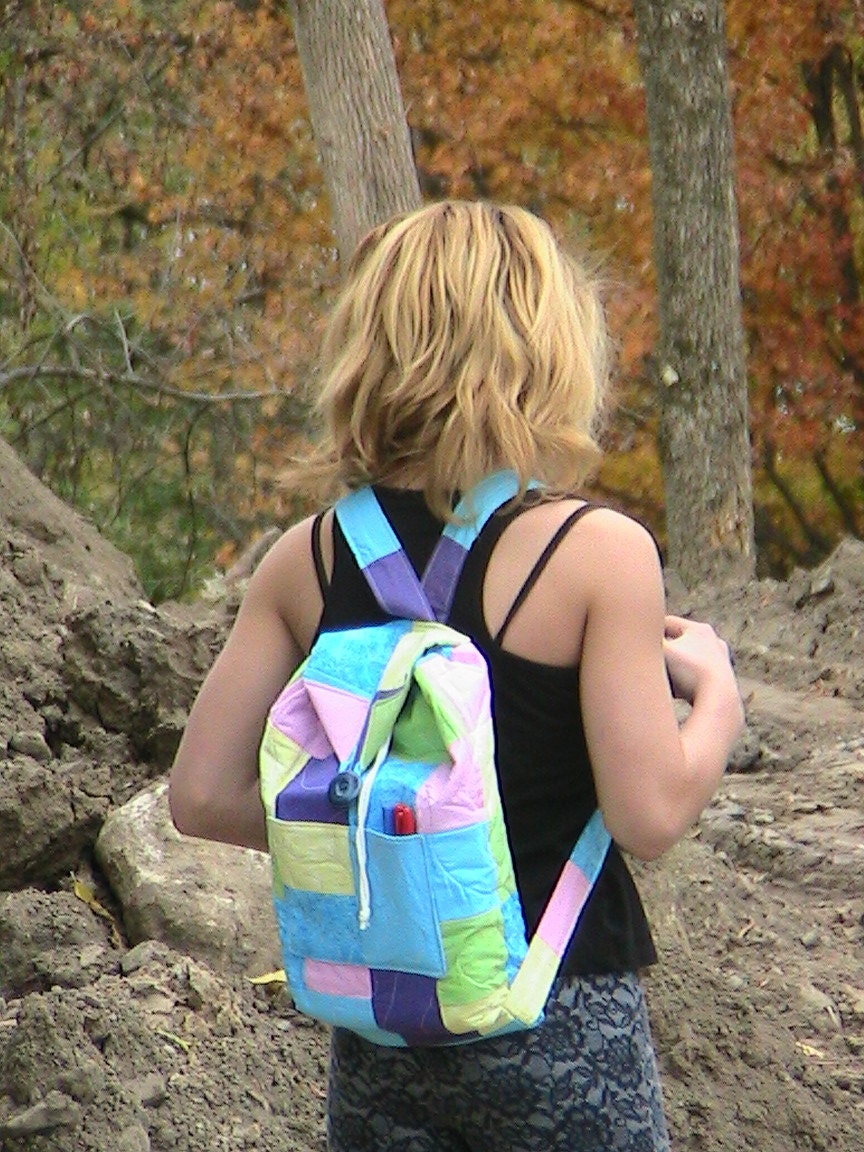 Backpack Bag/Purse -- Quilted -- Pastels and Dragonfly Pattern (12" wide x 14" tall)