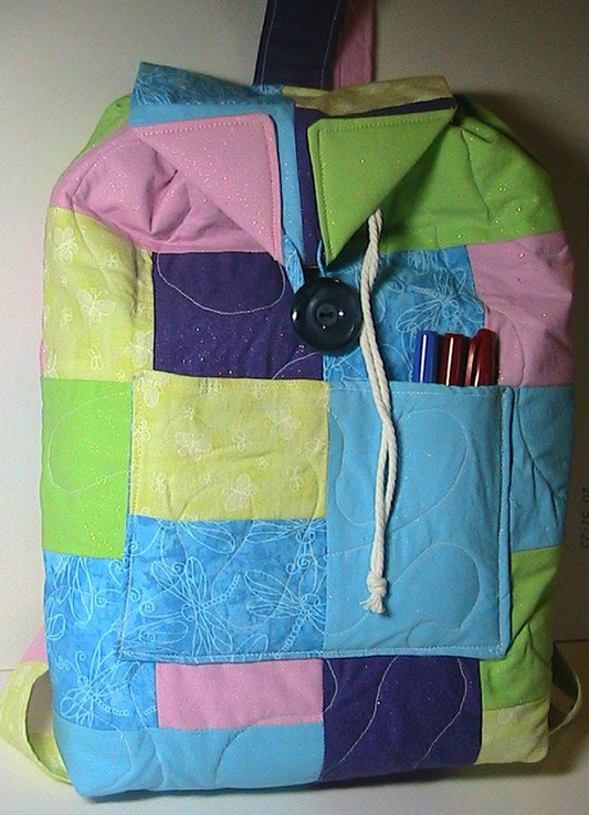Backpack Bag/Purse -- Quilted -- Pastels and Dragonfly Pattern (12" wide x 14" tall)