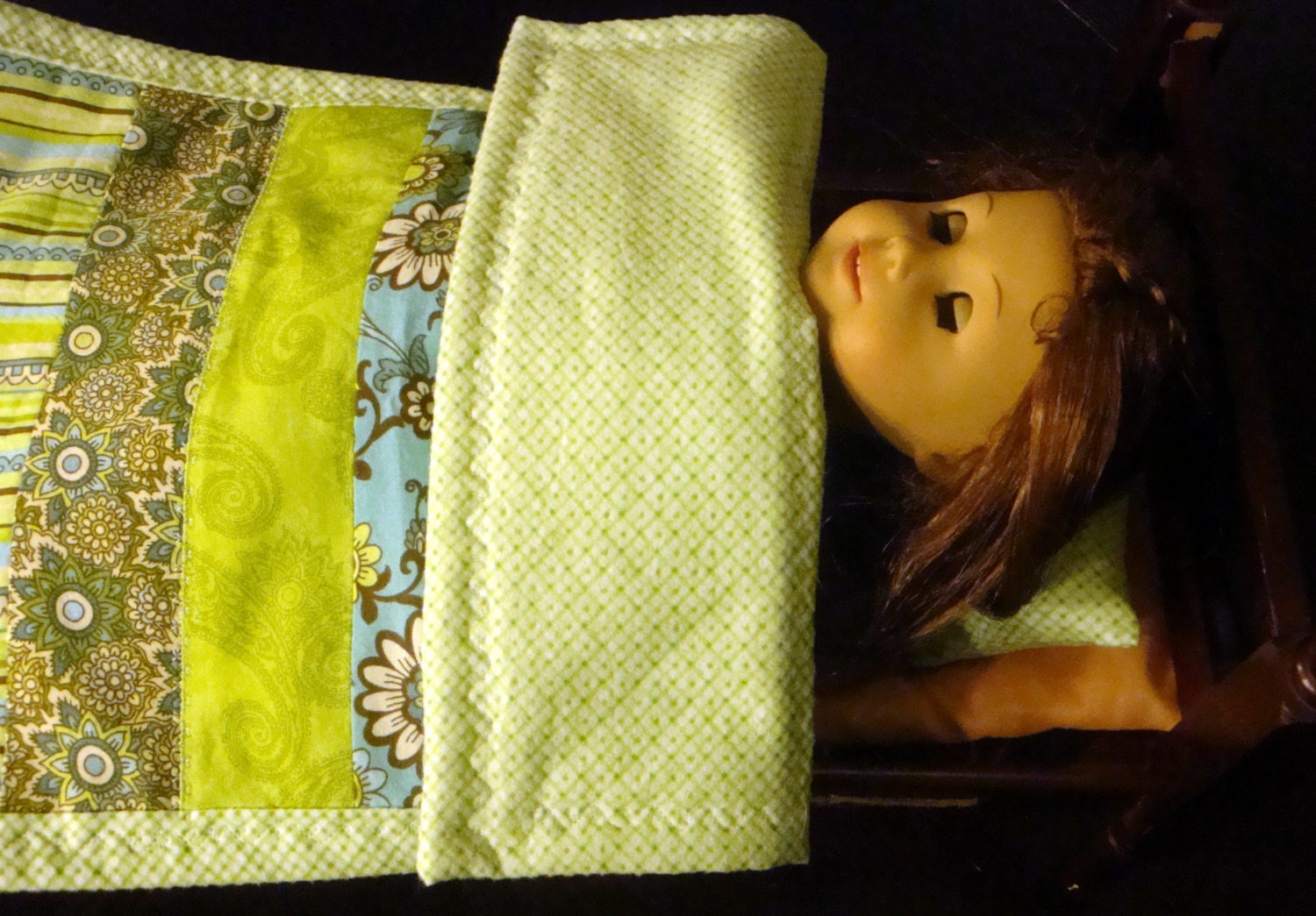 18 Inch Baby Doll Crib Quilt and Pillow - Doll Cradle Quilt- Jelly Roll Style with Flannel Back and wrapped Flannel Binding