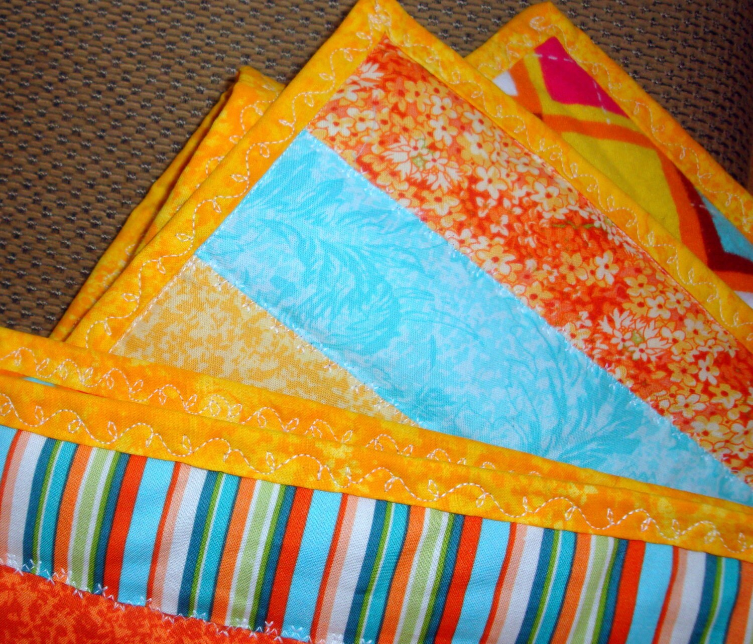 Baby Boy or Baby Girl Quilt - Jelly Roll Style with Flannel Back - Orange and Blue