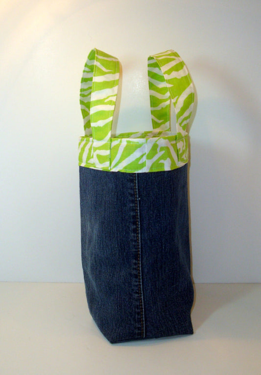 Lime Green Zebra Stripe Denim Carry Sack - Tote - Purse made from Upcycled Denim Blue Jeans