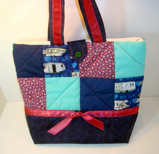 Quilted Shoulder Tote Purse - RV Blue, Mauve, and Aqua