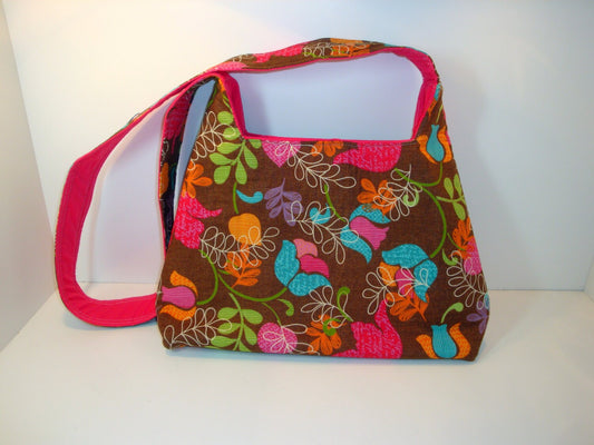 Brown Floral Shoulder Bag / Purse with a Long Handle, Magnet Clasp, Inside Pocket, and Inside Zippered Pocket
